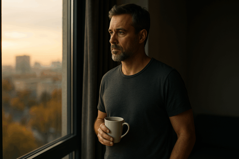 Ein nachdenklicher Mann Mitte 40 mit grauschwarzem Bart steht am Fenster eines modernen Apartments. Er hält eine Tasse Kaffee in der Hand und blickt erschöpft, aber hoffnungsvoll in den Sonnenaufgang. Das warme Morgenlicht fällt auf sein Gesicht und symbolisiert Stress, hormonelle Balance und einen neuen Lebensstil.