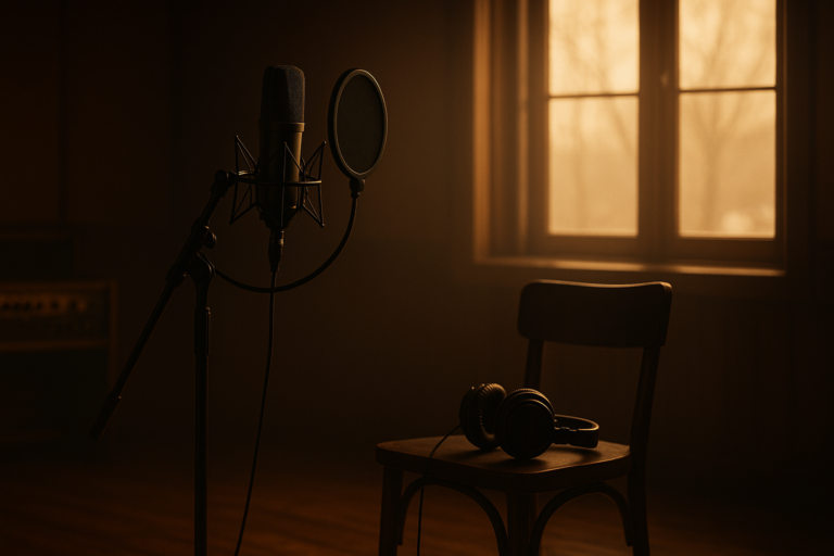 Ein verlassenes Musikstudio mit einem einzelnen Mikrofon und Kopfhörern auf einem Stuhl, warmes Licht und melancholische Atmosphäre – symbolisch für den inneren Kampf von Künstlern mit Depressionen.