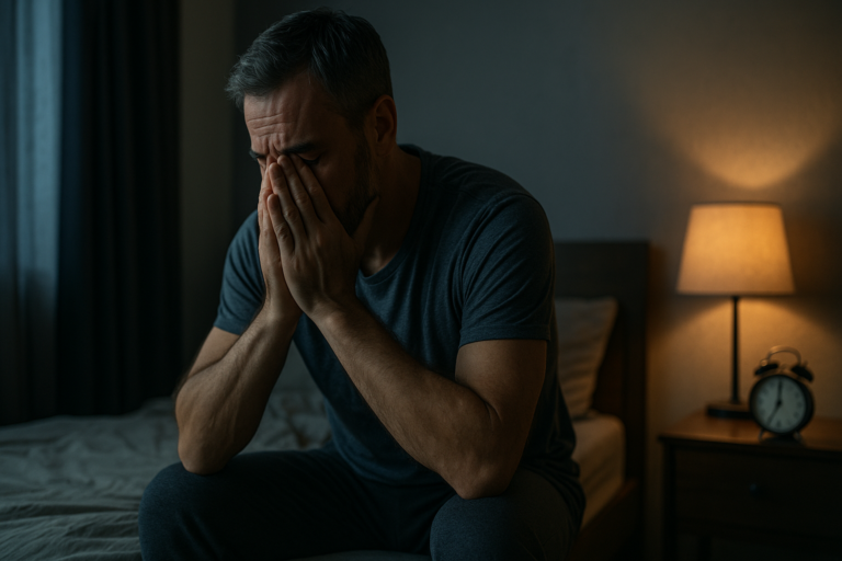 Ein erschöpfter Mann Mitte 40 sitzt frühmorgens auf der Bettkante in einem dunklen Schlafzimmer, den Kopf in den Händen. Symbol für Stress, Identitätskrisen und gesundheitliche Probleme von Männern ab 35.