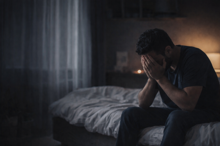 Nachdenklicher Mann sitzt abends allein am Fenster in einer warm beleuchteten Wohnung, blickt ruhig nach draußen und wirkt reflektierend; stimmungsvolles Bild für Selbstachtung und innere Klarheit.