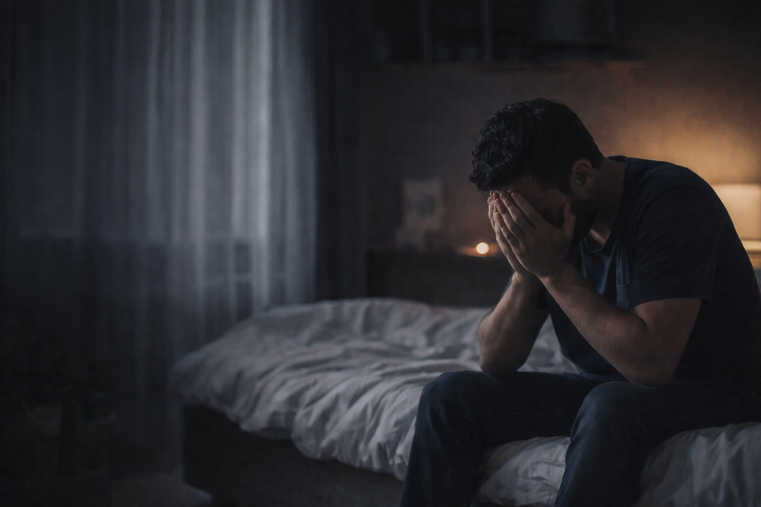 Nachdenklicher Mann sitzt abends allein am Fenster in einer warm beleuchteten Wohnung, blickt ruhig nach draußen und wirkt reflektierend; stimmungsvolles Bild für Selbstachtung und innere Klarheit.