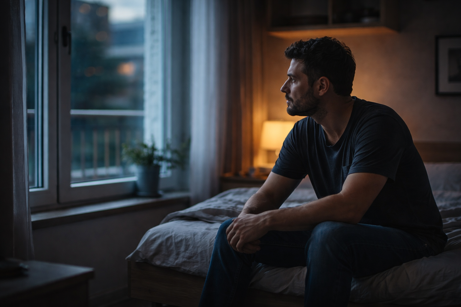 Nachdenklicher Mann sitzt abends auf dem Bett in einer ruhig beleuchteten Wohnung und blickt aus dem Fenster; symbolisches Bild für Trennungsväter, innere Stärke und stille Verantwortung.