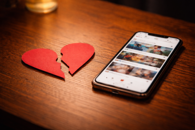 Zerrissenes rotes Papierherz liegt auf einem Holztisch neben einem Smartphone mit unscharfem Social-Media-Feed auf dem Display; warmes, cineastisches Licht symbolisiert digitale Nähe nach einer Trennung.