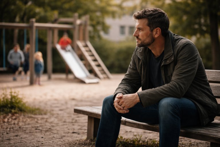Nachdenklicher Vater sitzt allein auf einer Bank am Spielplatz, während im Hintergrund unscharf Kinder spielen; symbolisches Bild für Verantwortung, Trennung und stille Stärke.