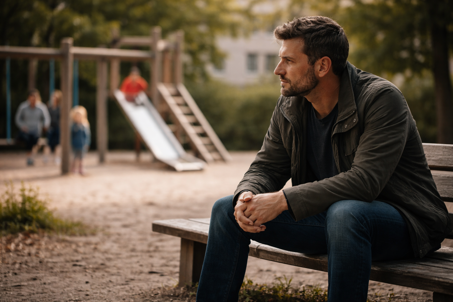 Nachdenklicher Vater sitzt allein auf einer Bank am Spielplatz, während im Hintergrund unscharf Kinder spielen; symbolisches Bild für Verantwortung, Trennung und stille Stärke.