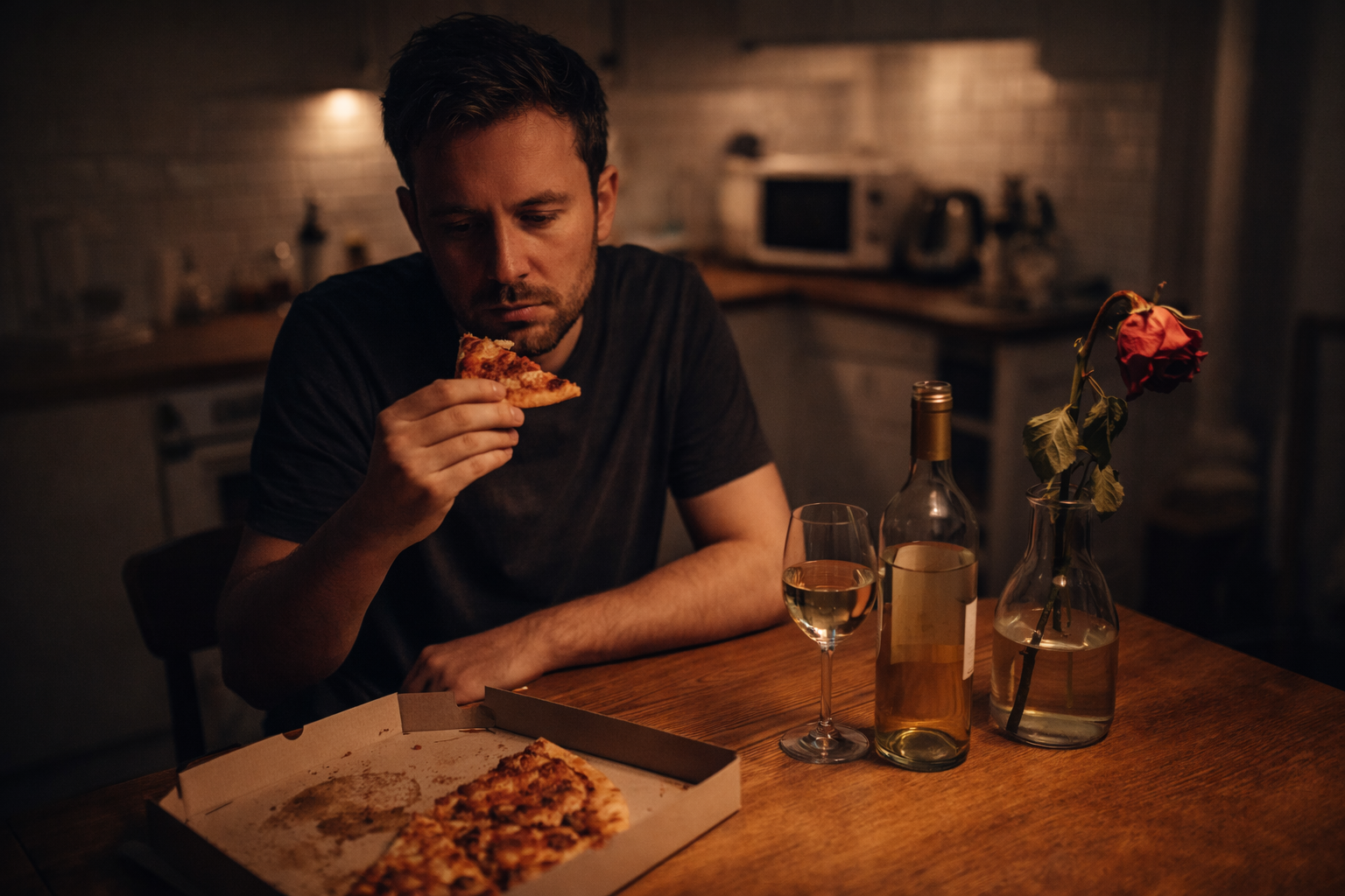 Ein Mann sitzt abends alleine in einer warm beleuchteten Küche am Holztisch, isst ein Stück Pizza aus einer offenen Pizzaschachtel; neben ihm stehen eine Flasche Weißwein, ein Weinglas und eine verwelkte Rose in einer Vase – melancholische Stimmung als Symbol für Einsamkeit nach einer Trennung.