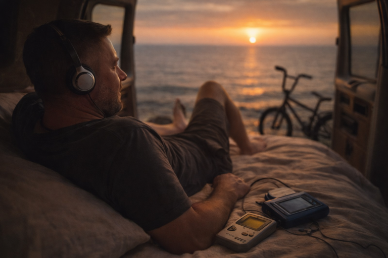 48-jähriger Mann liegt barfuß im Van und schaut bei Sonnenuntergang aufs Meer, neben ihm ein Walkman und ein Gameboy – Symbolbild für Entschleunigung und digitale Überforderung.