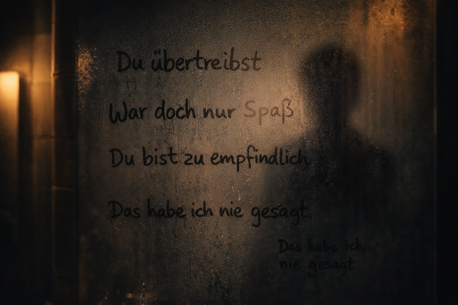 Beschlagener Badezimmerspiegel mit den Sätzen „Du übertreibst“, „War doch nur Spaß“ und „Du bist zu empfindlich“, dahinter eine verschwommene Silhouette – Symbolbild für psychische Gewalt und Gaslighting.