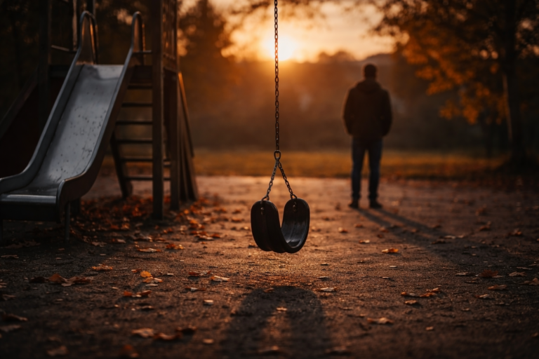 Leerer Spielplatz bei Sonnenuntergang mit einer schaukelnden Schaukel im Vordergrund und einer unscharfen männlichen Silhouette im Hintergrund – Symbolbild für die veränderte Rolle von Vätern nach Trennungen.