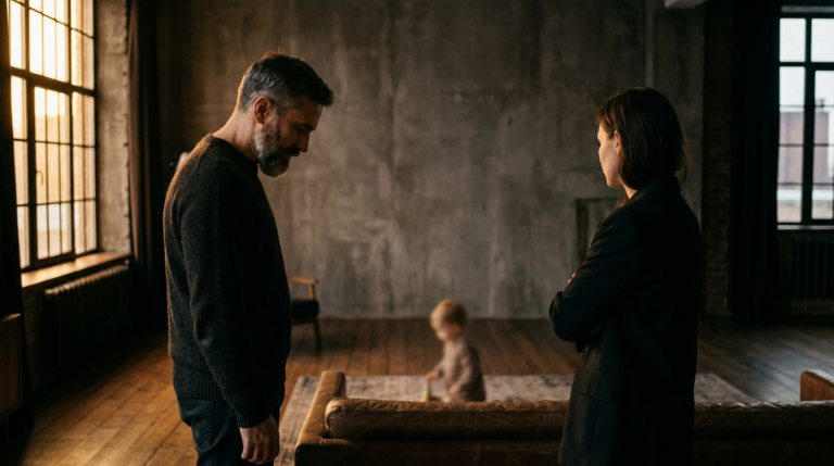 Mann und Frau stehen abgewandt voneinander ohne Blickkontakt, im unscharfen Hintergrund ein Kind – Symbol für Machtkämpfe in der Beziehung und emotionale Erschöpfung im Familienalltag.