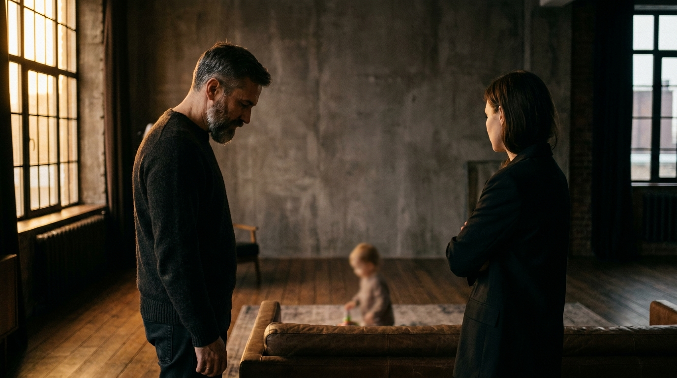 Mann und Frau stehen abgewandt voneinander ohne Blickkontakt, im unscharfen Hintergrund ein Kind – Symbol für Machtkämpfe in der Beziehung und emotionale Erschöpfung im Familienalltag.
