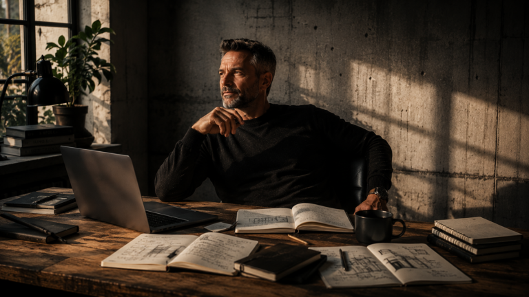 Mann sitzt nachdenklich an einem rustikalen Holztisch mit Laptop und mehreren aufgeschlagenen Notizbüchern, Blick in die Ferne gerichtet — Symbol für die Scanner-Persönlichkeit und die Kraft der Vielbegabung.