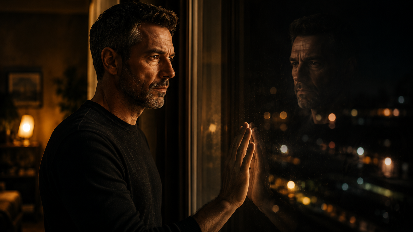 Mann steht mit einer Hand am Fensterglas und blickt in die Nacht, sein Gesicht schwach darin gespiegelt — Symbol für Selbstreflexion und den stillen Schmerz empathischer Männer in narzisstischen Beziehungen.