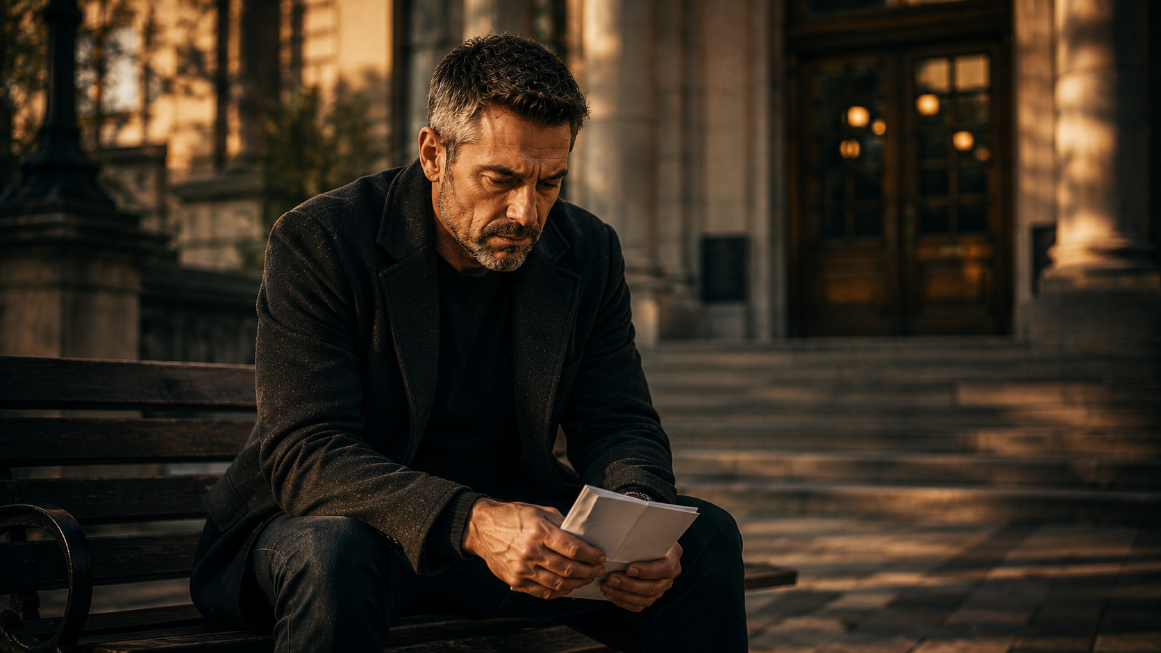 Mann sitzt allein auf einer Bank vor einem Verwaltungsgebäude, Blick nach unten, eine Akte in der Hand — Symbol für den stillen Kampf vieler Väter um Anerkennung und Gehör im Sorgerechtsstreit.