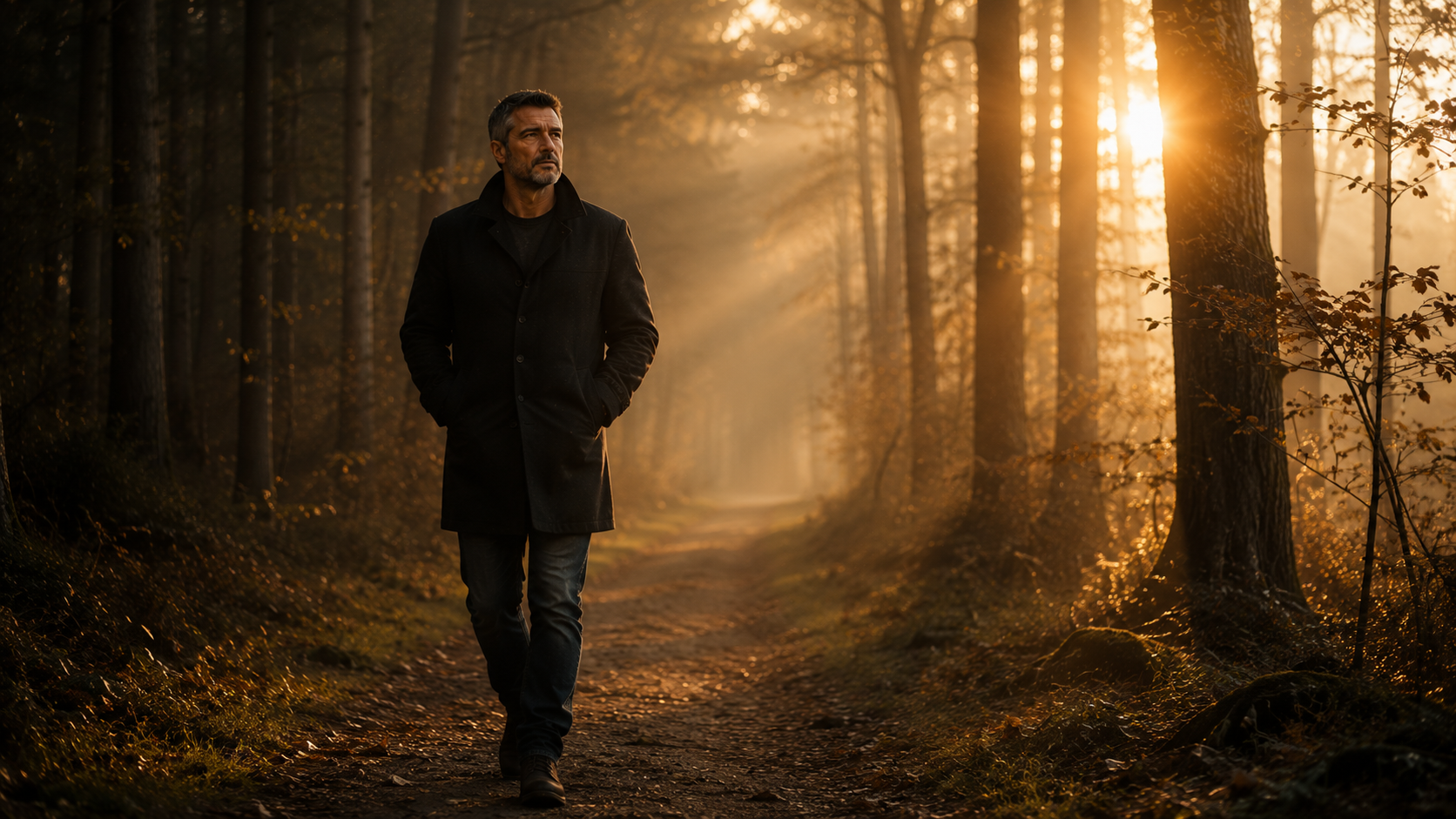 Mann geht allein durch einen nebligen Wald im warmen Morgenlicht — Symbol für den eigenen Weg zur Selbstliebe und die Ruhe, die echter innerer Reife vorausgeht.